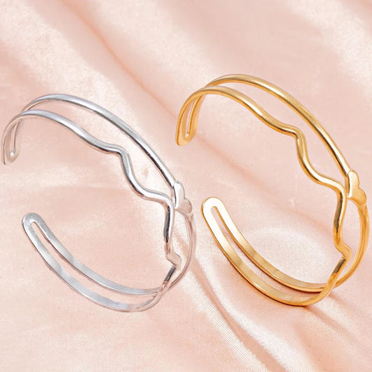 Minimalist Stainless Steel Line Wave Heart Double Layer Open Bracelet Charm Date Party Jewelry Gift Bracelets for Women Bangle