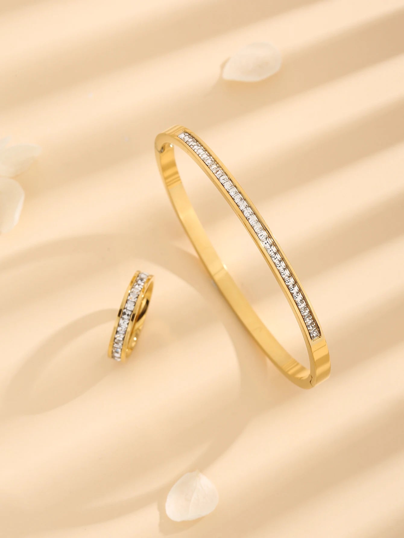 Gold Plated Crystal Belt Bangle Ring Cubic Zirconia Titanium Steel Classic Jewelry Set For Girl Women's Gift