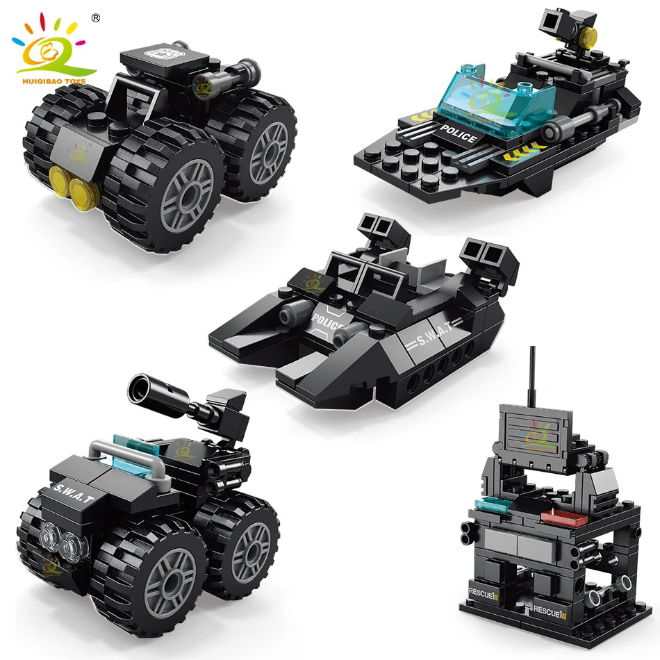 HUIQIBAO 371pcs 6in1 SWAT Police Truck Building Blocks City Construction Plane Car Bricks Set For Children Toys Kids Gift