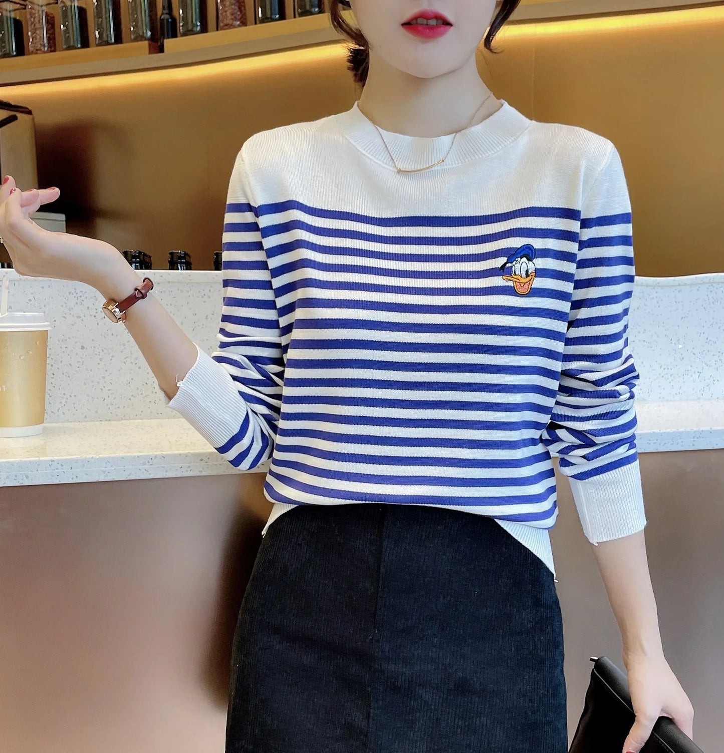 Disney Cartoon Donald  Sweaters for Women Embroidery Striped Knit Shirt Cardigan Female Fashion Clothing Tops Kawaii Skirts