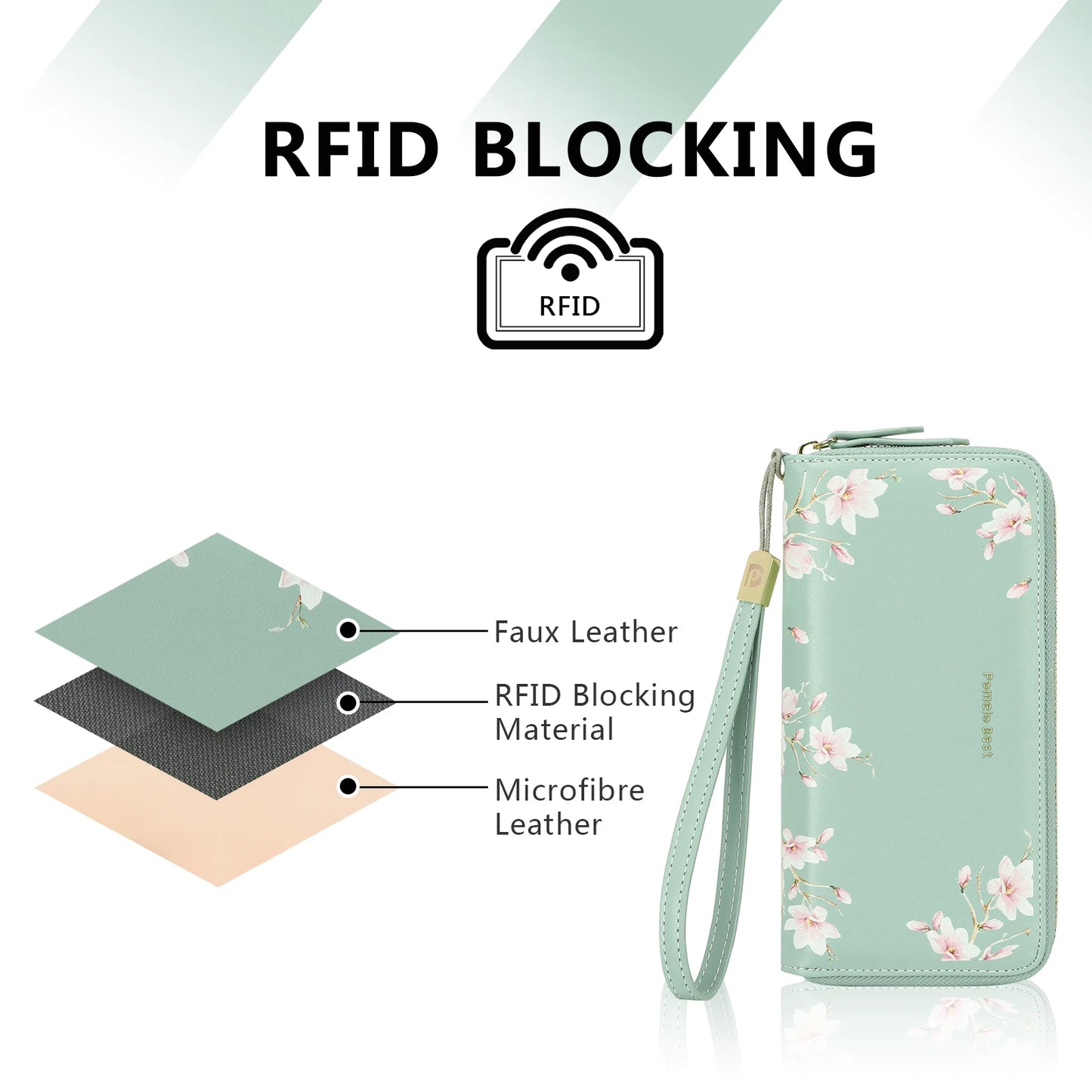 Tejesa RFID Blocking Leather Multi Credit Card Large Capacity Zip Around Wallets Clutch Wristlet Travel Flower Long Purse for Women