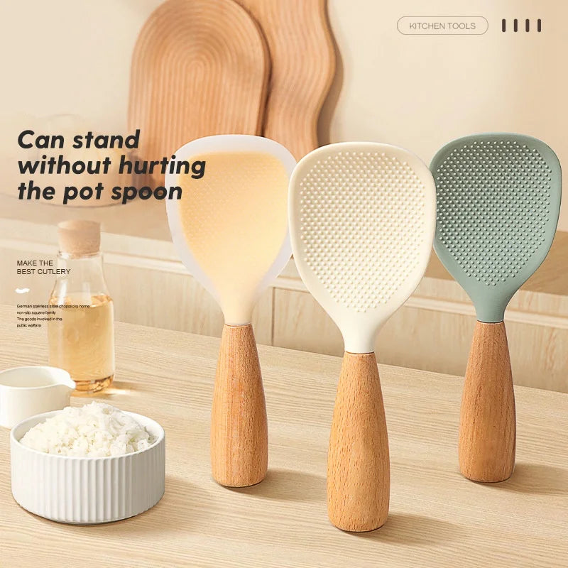 Hemasa 1Pc Silicone Wooden Handle Rice Spoon High Temperature Resistant Non Stick Rice Spoon