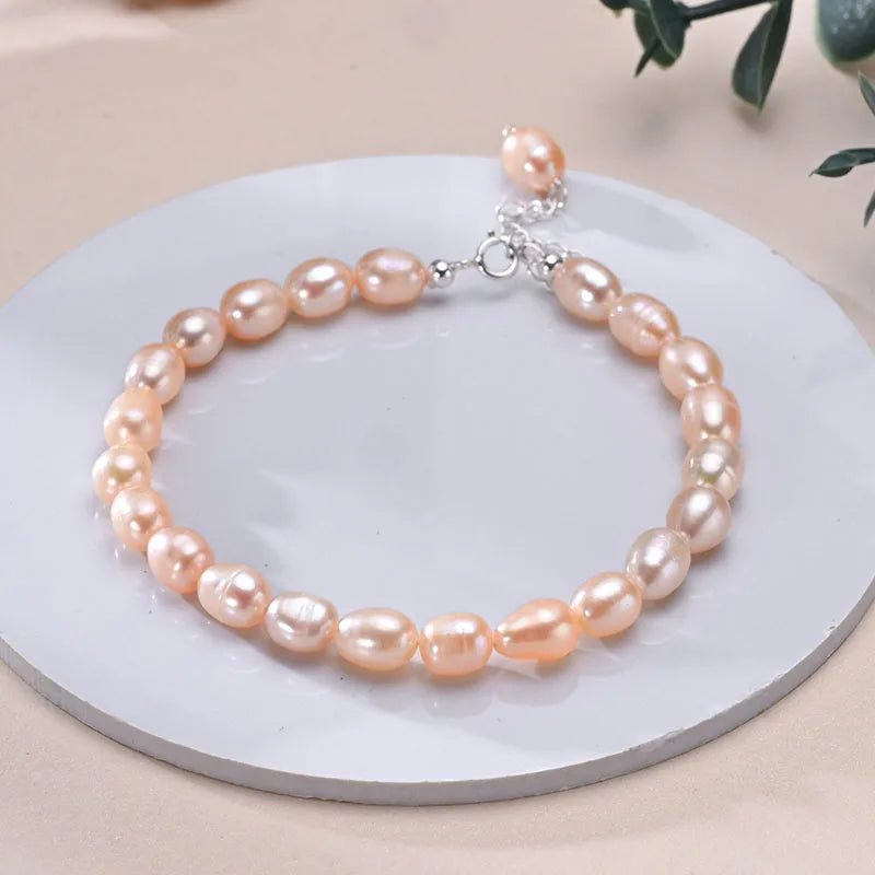 Hemasa 6-7mm Rice Shape Freshwater Pink Purple Mixed Color Bracelet /925 Sterling Silver  Jewelry Gift for Women Girls