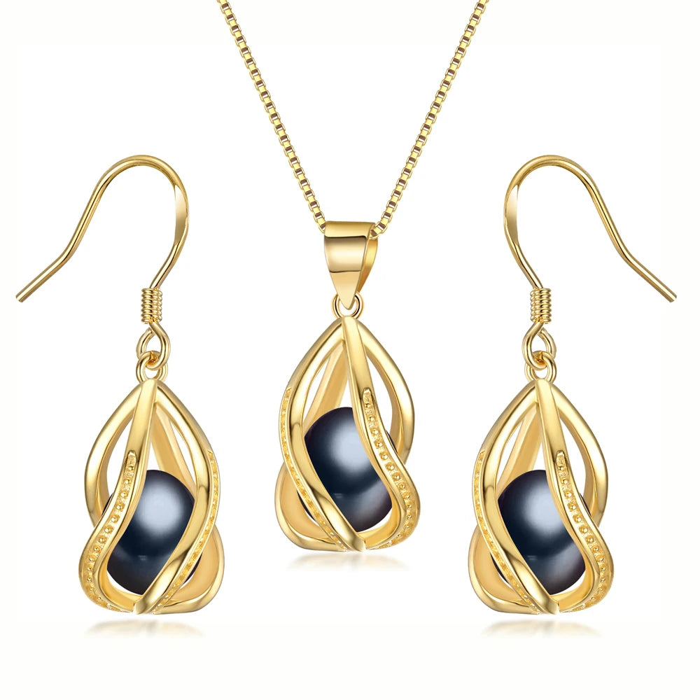 YWYC 8-9mm Natural Freshwater Pearl In Cage Pendant Necklace Drop Earrings & Pendant Jewelry Set for Women