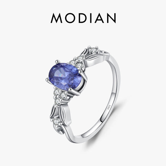 MODIAN 925 Sterling Silver Vintage Mermaid Tail Texture Rings Retro Tanzanite Color CZ Fashion Jewelry For Women And Girls