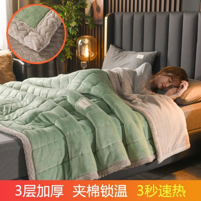 Coral Fleece Autumn Winter Warm Blankets for Bed 3 Layers Thicken Flannel Blanket Quilt Soft Comfortable Warmth Quilts Washable