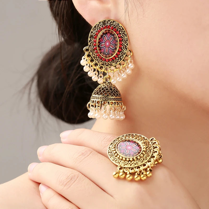 Hemasa Ethnic Pendant Earrings/Ring Set For Women Turkish Egypt Tribe Pearl Tassel Flower Carved Indian Earrings Jewelry