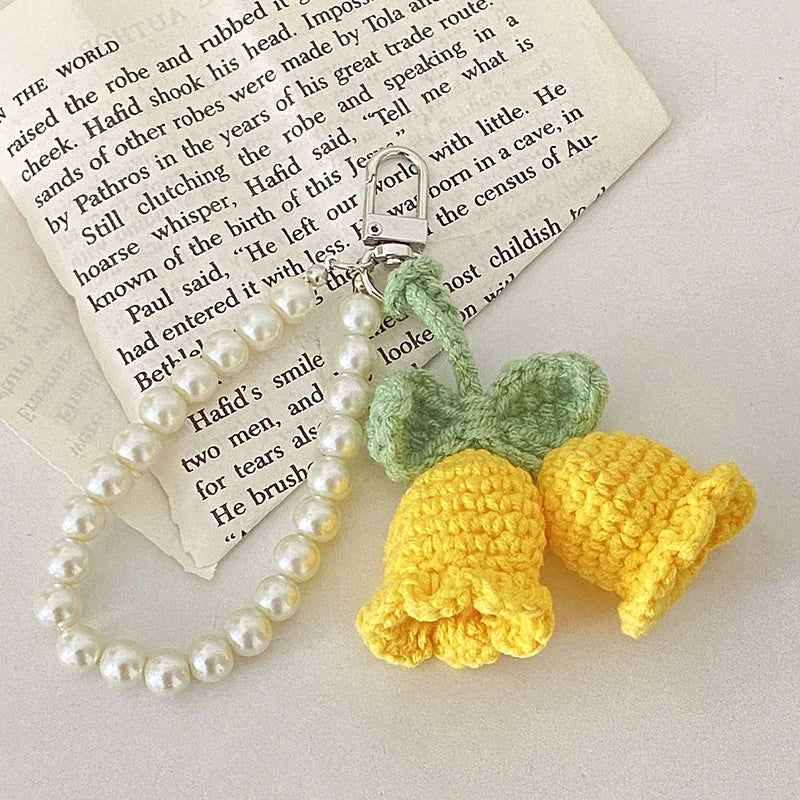 Hemasa 1pc Sweet Wool Crochet Lily Of The Valley Keychain Girls Pearl Chain Bag Pendant