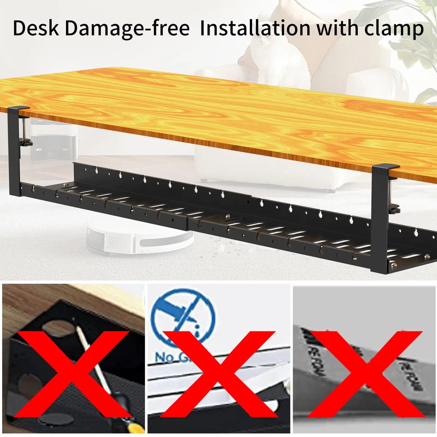 Tejesa Under-table Cable Management Rack with No Drilling, Adjustable Carbon Steel Cable Tray for Office Storage Box and Line Fixation