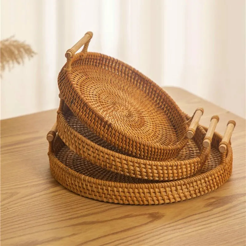 Hemasa 1PC Rattan Bread Storage Woven Snacks Fruit Round Tray Picnic Binaural Tray Living Room Table Finishing