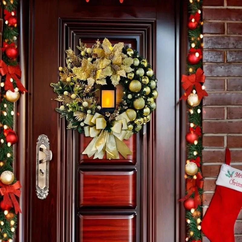 45cm Red Wreath With Lamp For Front Door Red Ball Flower Garland Xmas Ornament Window Wall Hanging Decor Christmas Decorations