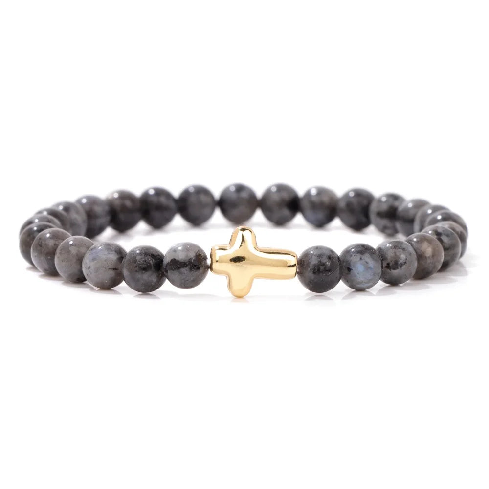 Tejesa 6mm Amethysts Bracelet Gold Color Jesus Cross Natural Stone Tiger Eye Opal African Turquoises Elastic Bracelets For Women Men