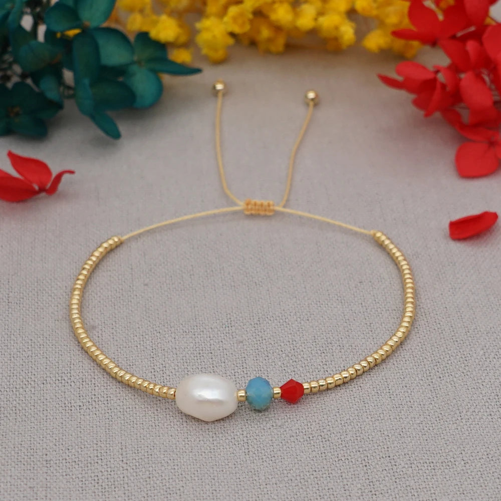 Tejesa  Gold Color Beaded Pulseras Jewelry Adjustable String Perlas Bracelets Simple Freshwater Pearl Bracelets for Women