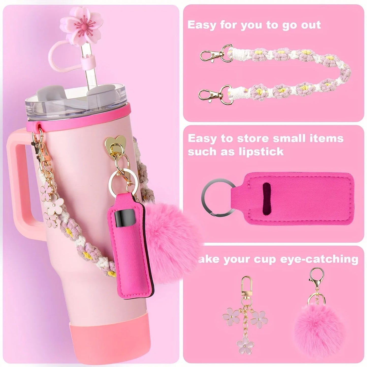 Hemasa 8PCS Cup Accessories, Set includes Water Bottle Handle Strap, Siliocne Boots, Lipstick Sleeve Pouch Straw Cap Cover for Stanley