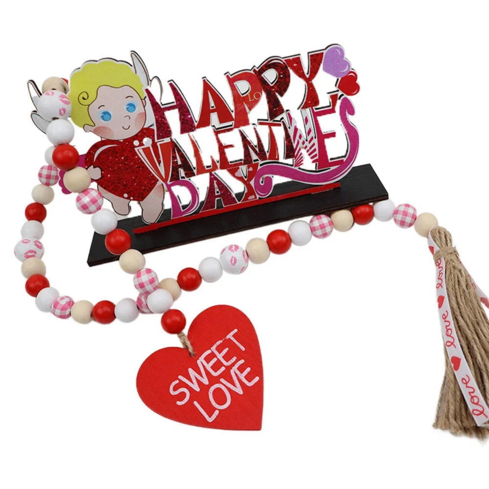 Freeship Sweet Love Wood Beads Garland Valentine’s Day Tiered Tray Decors Beaded Garland with Tassels Heart Shaped Pendant