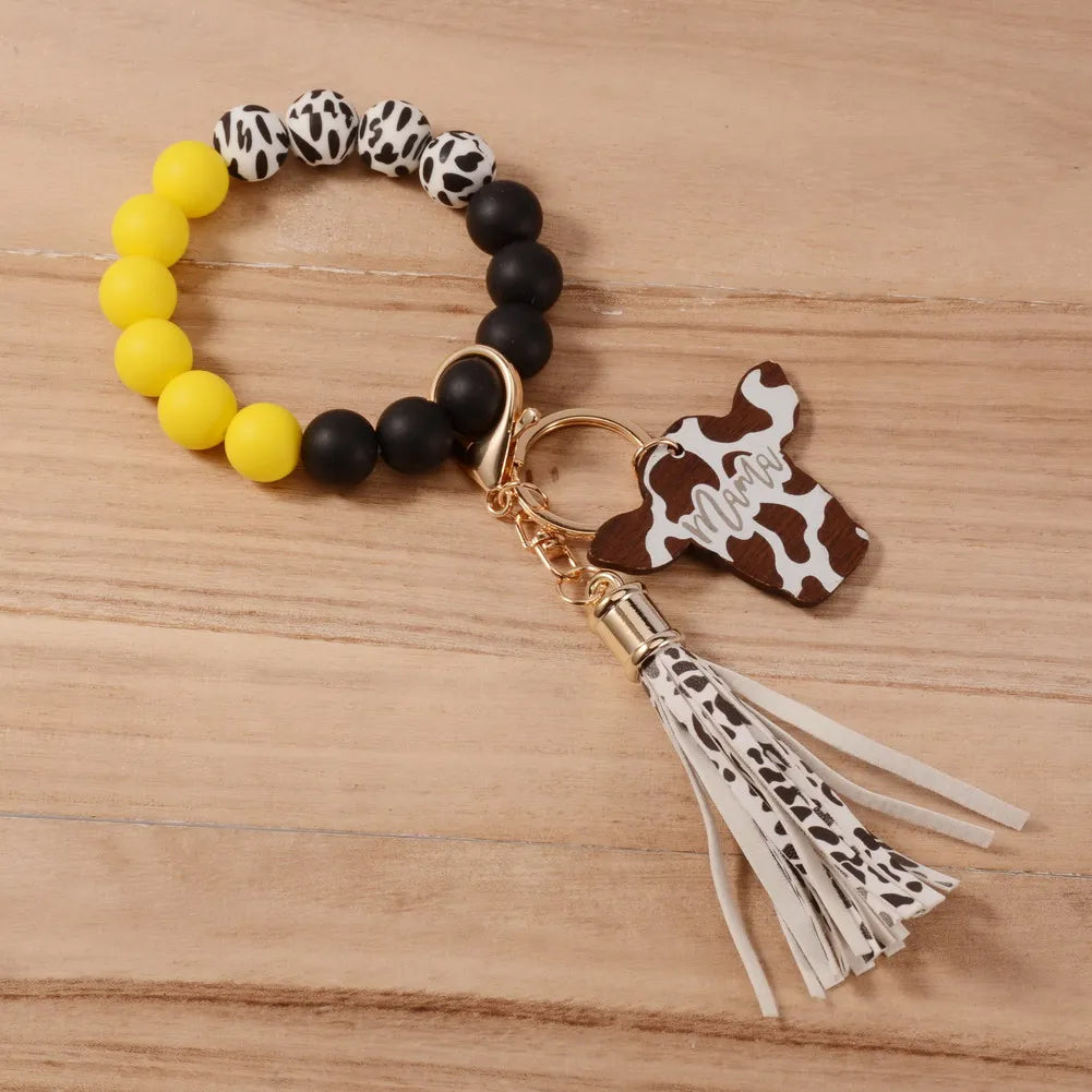 Western Style California Bison Head Shape Shiplap Wooden Engraved MAMA Wristlet Cow Patterns Silicone Beads Bracelet Keychain