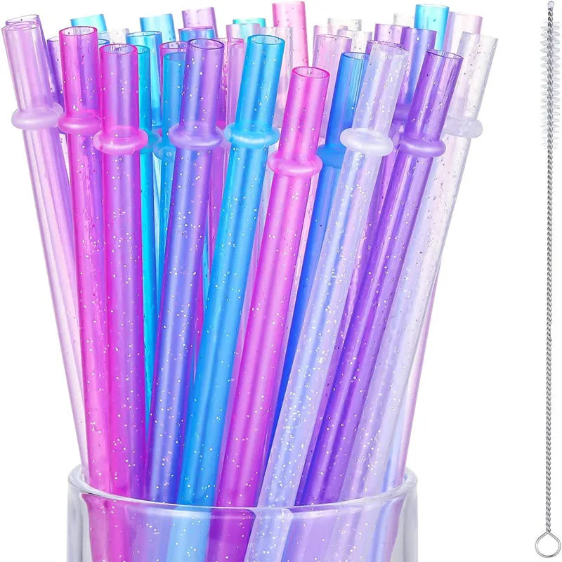 Hemasa 9inches  20 Pieces Reusable Drinking Straws  Colorful Plastic Straws Clear Glitter Unbreakable Straw with Cleaning Brush for Party