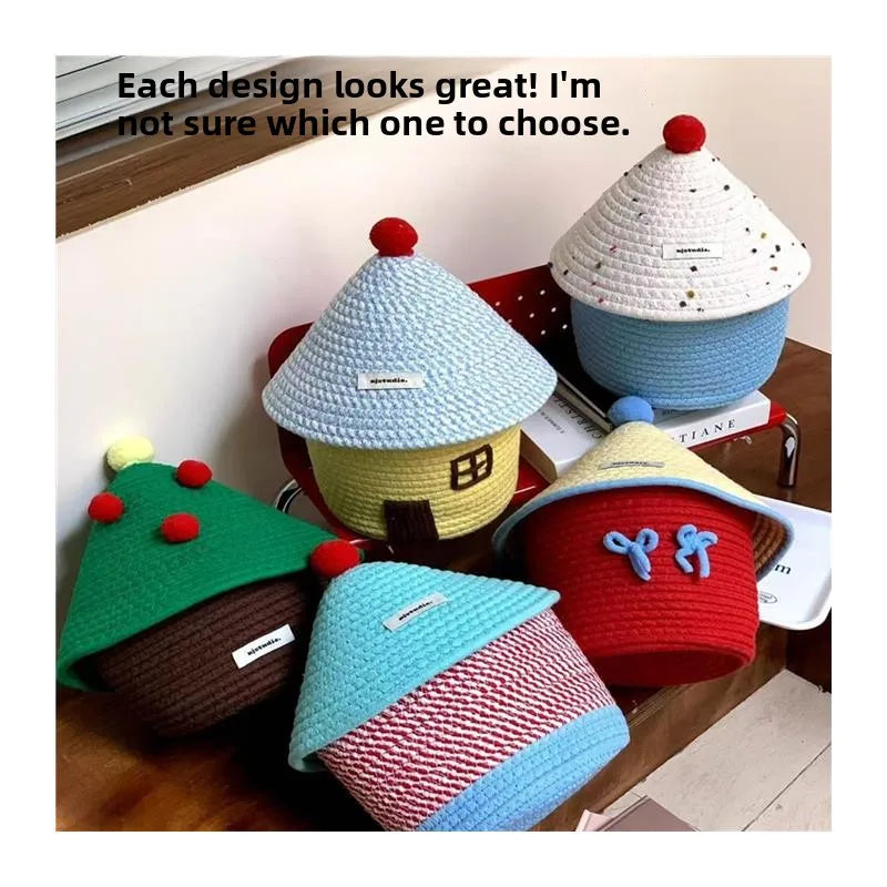 Tejesa Large Capacity  Woven Basket with Lid Cartoon House aped Storage Container Fun Desktop Organizer Basket for Home Use