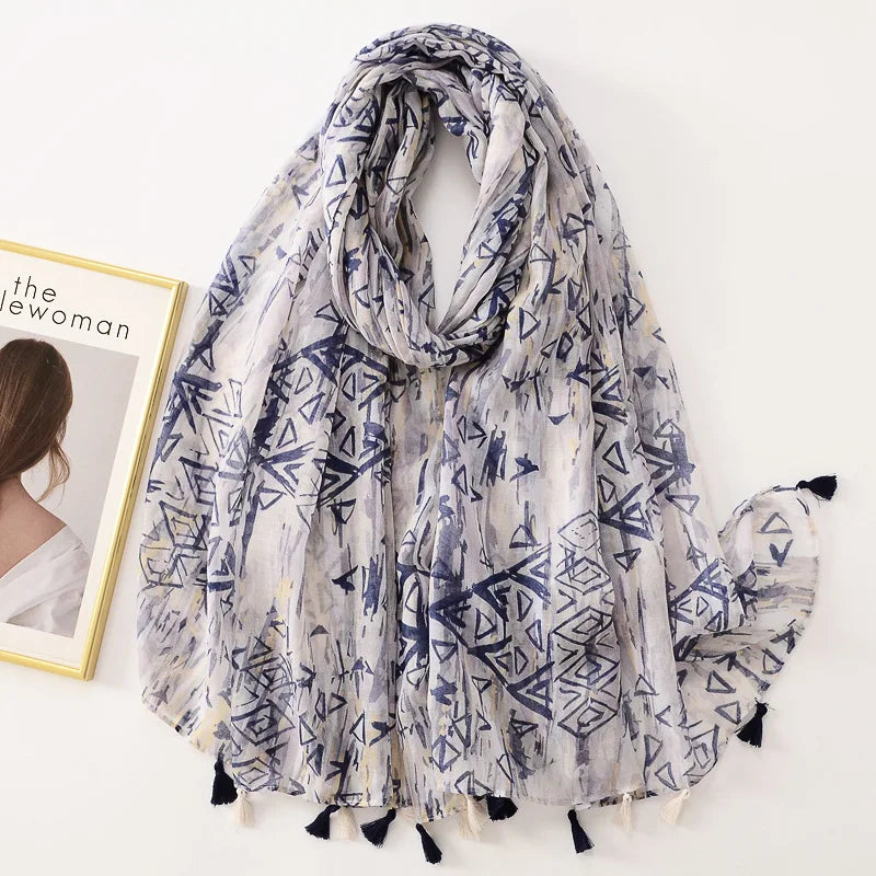 Elegant Woman Shawl Fashion Design Tassel Cotton Scarf Muslim Hijab Scarfs Floral Print Ladies Scarves For Beach Party Bandana