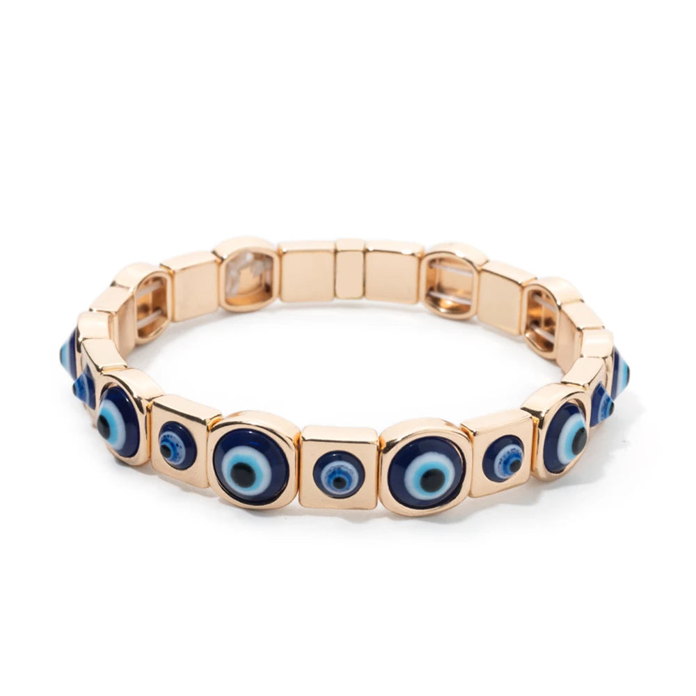 2024 New Fashion Devil Eye Bangle For Women Inlaid Charm Gold Color Elastic Bracelets Accessory