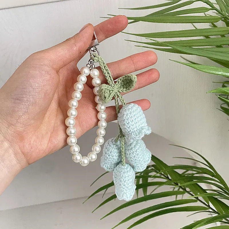 Hemasa 1pc Sweet Wool Crochet Lily Of The Valley Keychain Girls Pearl Chain Bag Pendant