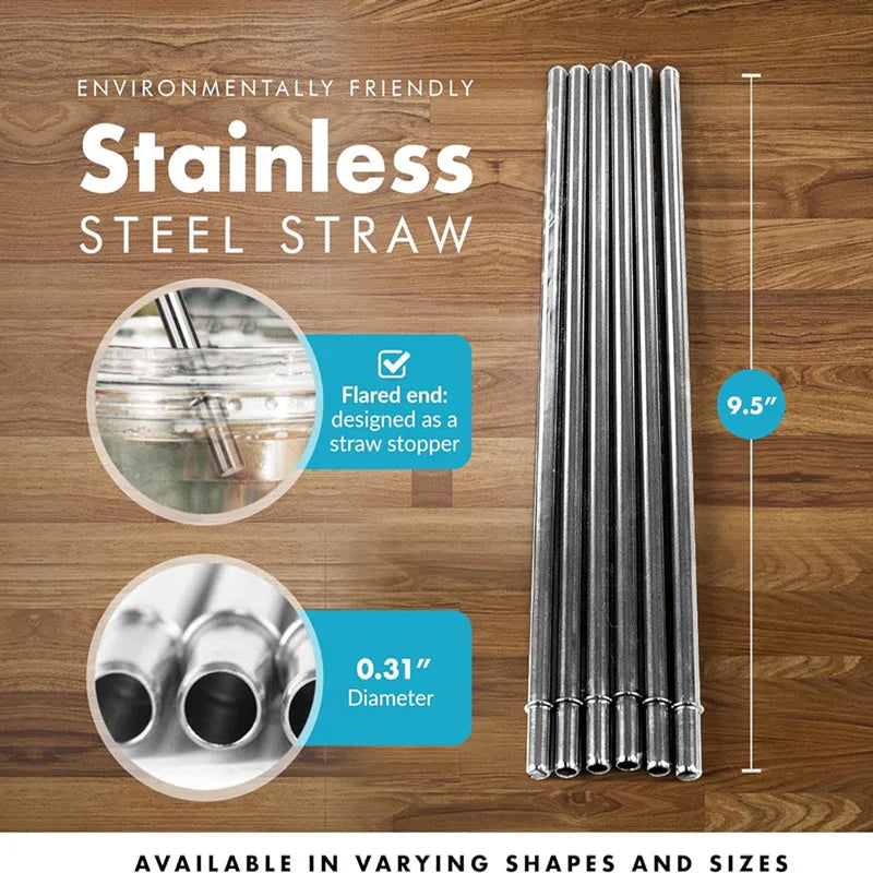 Hemasa 4pcs Stainless Steel Reusable Straws with Cleaning Brush 9.5-inches Straight Metal Straw for Tumbler Mug Cup with Stopper