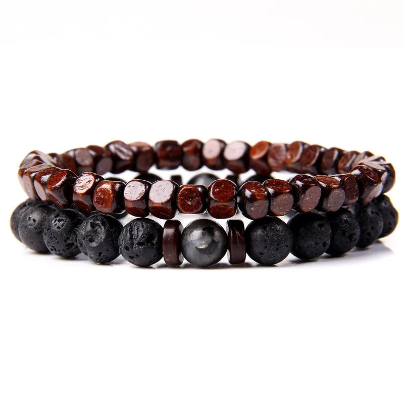 2pcs/set Beaded Bracelet Natural Stone Tiger Eye Hematite Beads Bracelet Men Energy Elastic Rope Bracelet Jewelry Couples Gifts