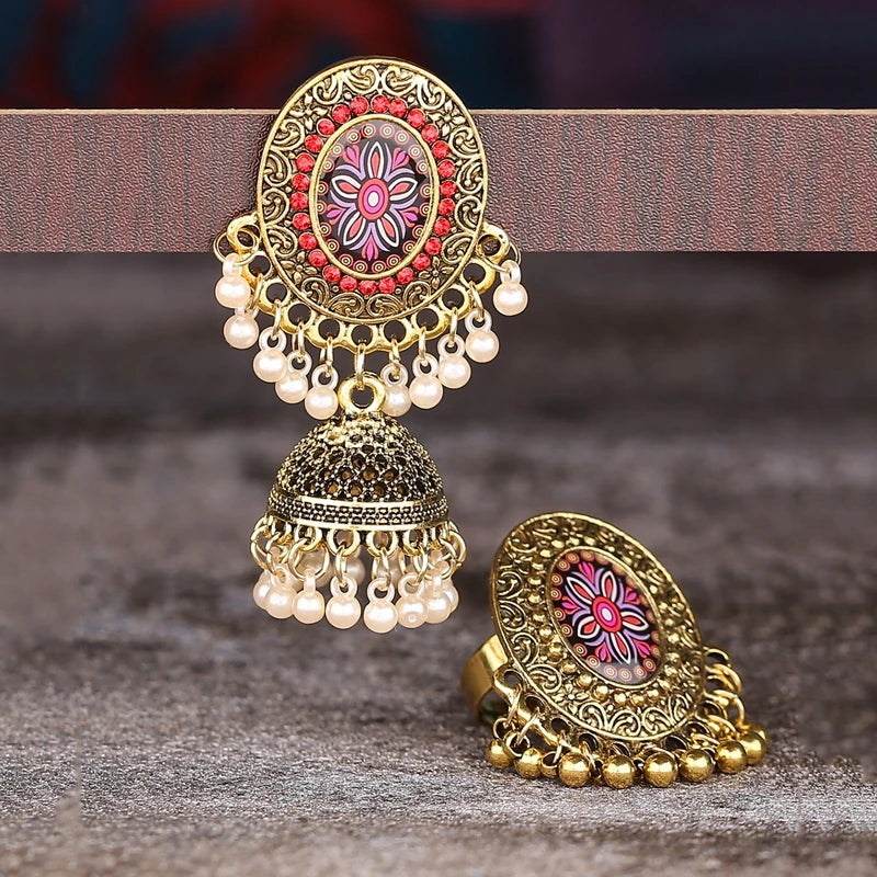 Hemasa Ethnic Pendant Earrings/Ring Set For Women Turkish Egypt Tribe Pearl Tassel Flower Carved Indian Earrings Jewelry