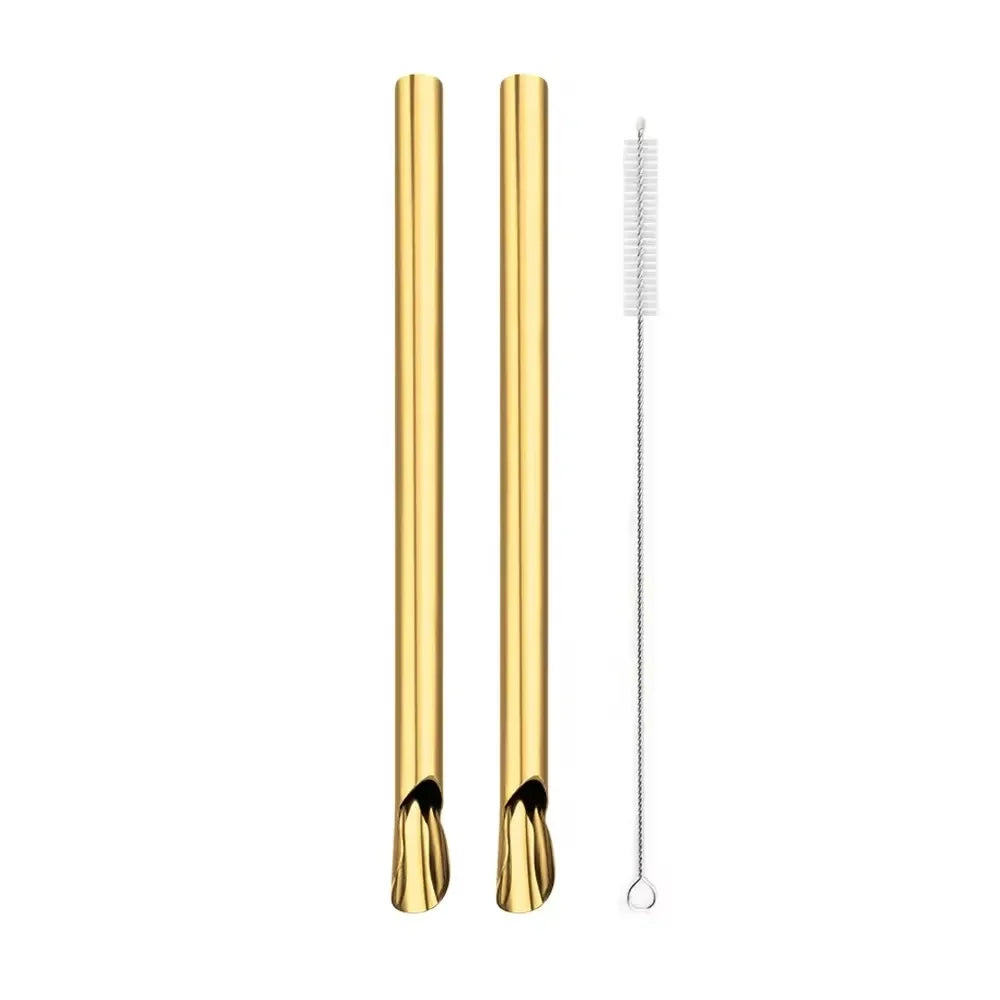 Hemasa 2Pcs  Stainless Steel Reusable Spoon Drinking Straw  Stirring Spoon with Brush Set