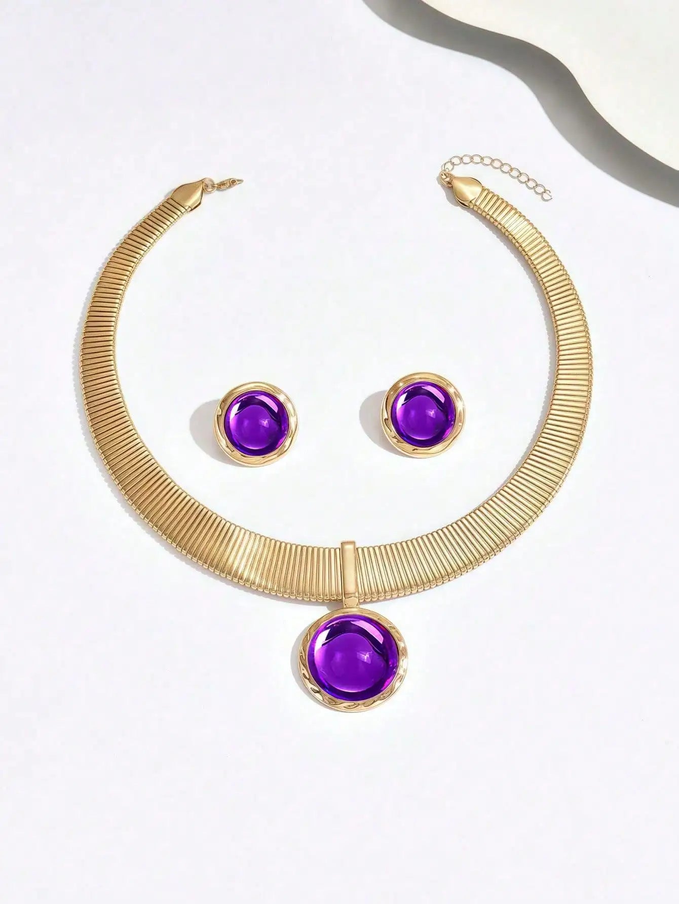 Elegant Metal Necklace Bracelet Set with Exaggerated Purple Pendant for Wedding Banquet Lightweight Luxury Bride Jewelry