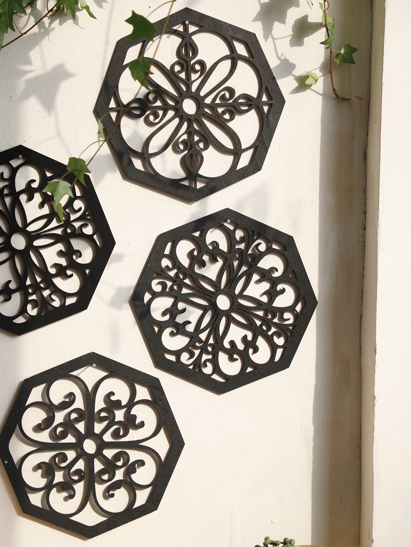 Tejesa 4Pcs Black Wooden Hollow Wall Decor /Boho Home Decoration Hexagon Square Hanging Wall Decor