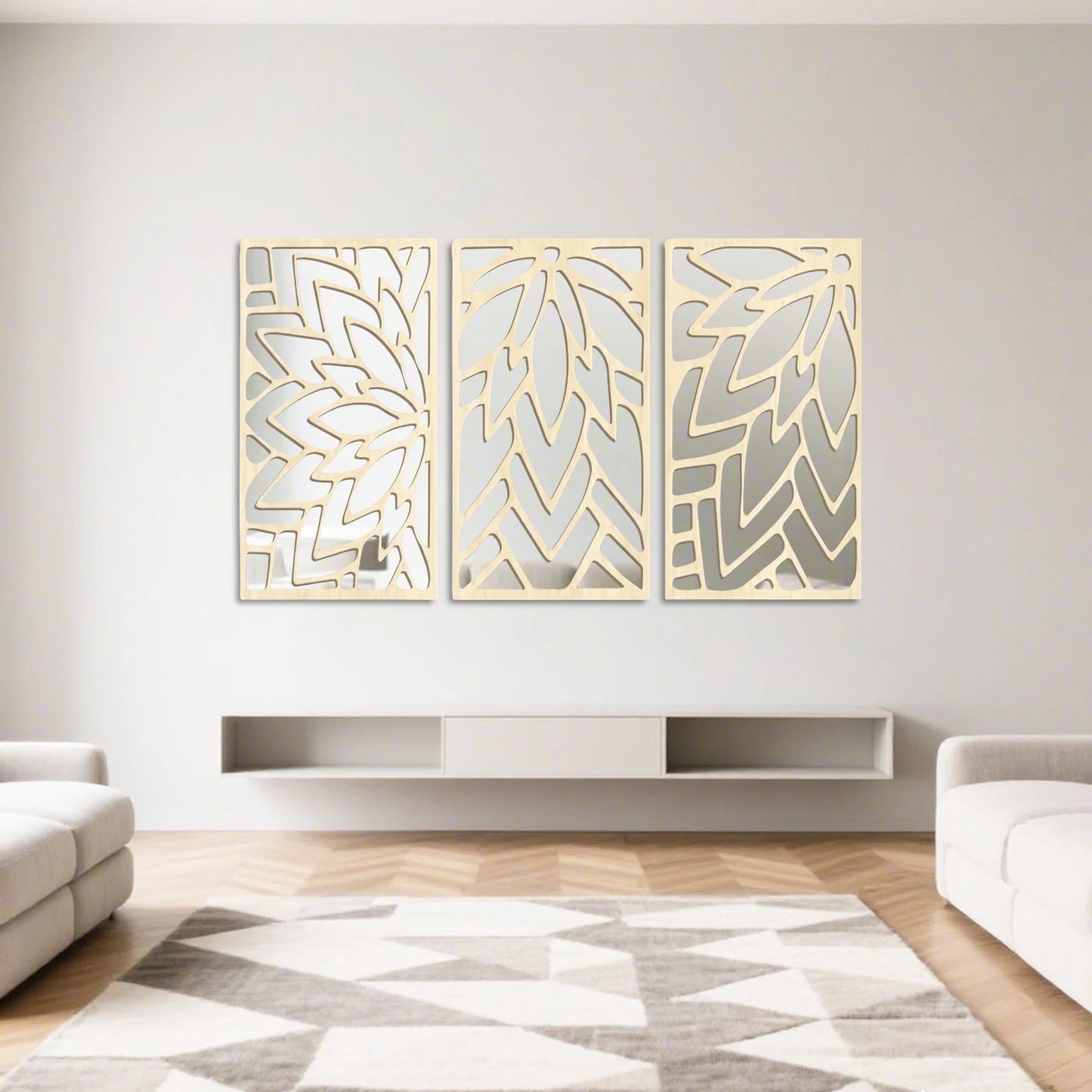 Hemasa 3Pcs 2D 16in Wooden Acrylic Double-Layer Wall Mirror Hollow Leaf Design Refined Lifestyle Artistic Home Decorative Mirror
