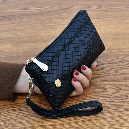 Women Bag Black PU Clutch Long Casual Wallet Litchi Grain Coin Purse Female Bag Wrist Bag Zipper Phone Pocket Credit Card Holder