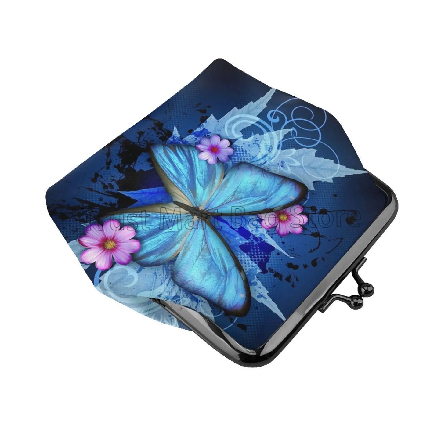 Hemasa Purple Blue Butterfly Mini Leather Coin Purse for Women Girl / Small Change Pouch with Kiss-Lock Clasp Closure Buckle Wallet Gift
