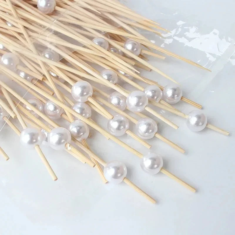 Tejesa 200PCS Gold Silvery White Pearl Bamboo Skewers Fruit Pearl Bamboo Skewers Party Cake Dessert Cocktail Food Buffet Toothpick
