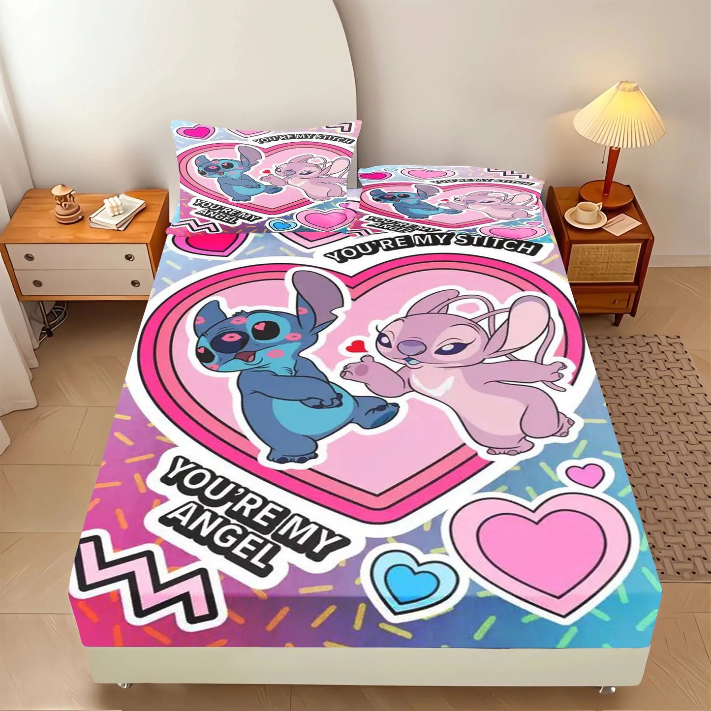Stitch Fitted Sheet 100% Polyester Bedding Set With Pillowcase Suitable For Children And Adults Anime Kawaii