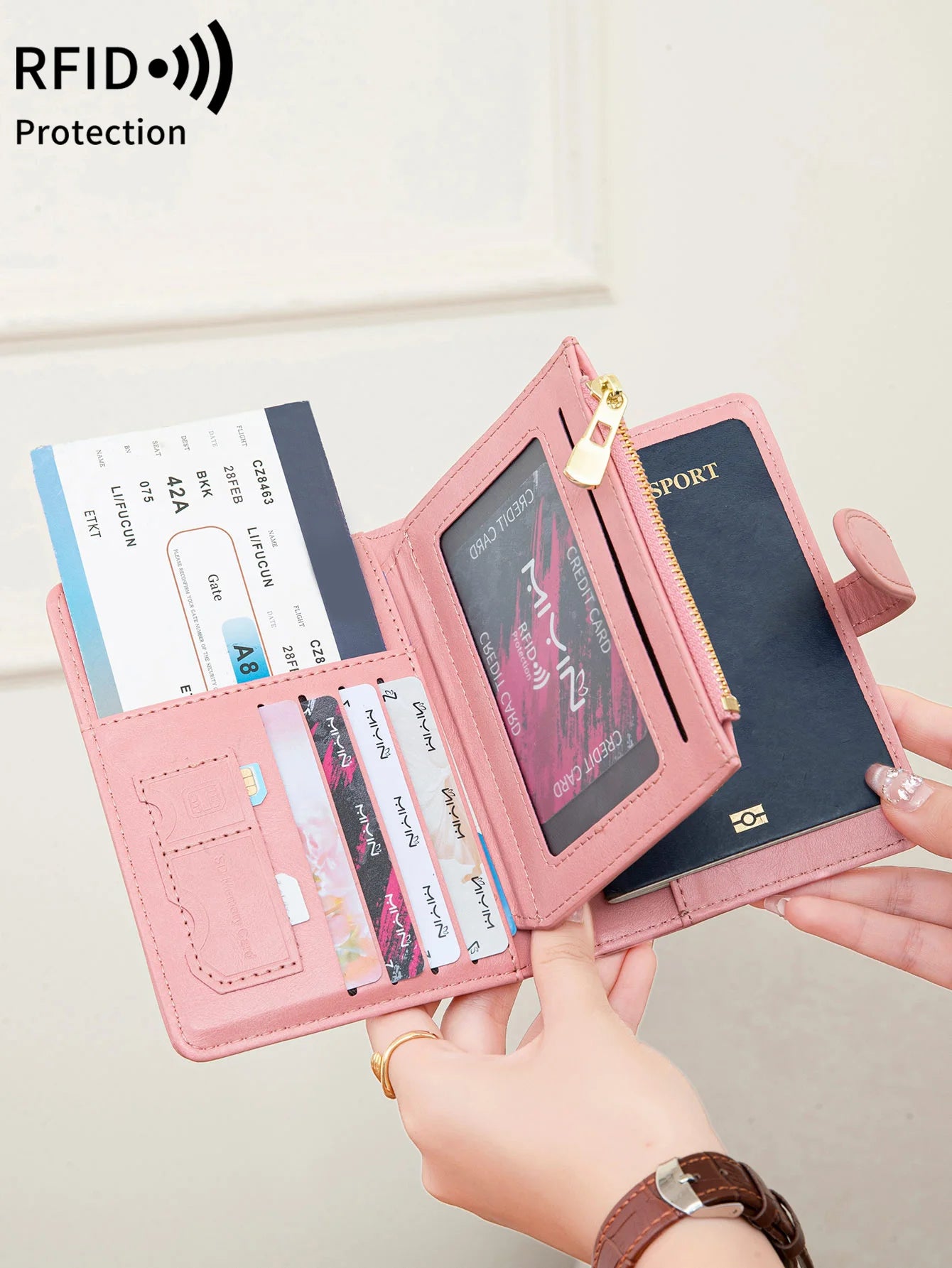 Hemasa Multi functional RFID anti-theft brush passport bag fashionable multi card slot passport clip PU leather large capacity wallet