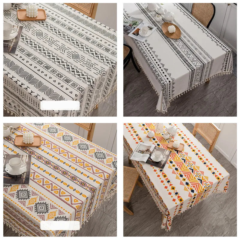 Bohemian Geometric Tablecloth, Cotton Linen, Waterproof Table Cloth, Travel, Camping, Picnic Mat, Textile Decoration with Broom,