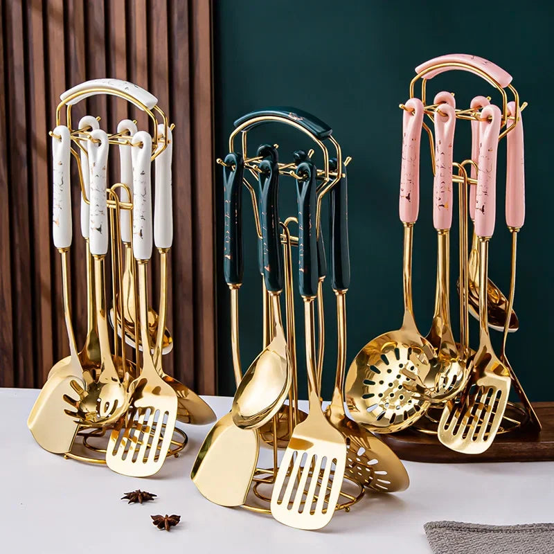 Hemasa 7pcs Stainless Steel Spatula Soup Spoon Kitchenware Set Cooking Spatula /Ceramic Handles