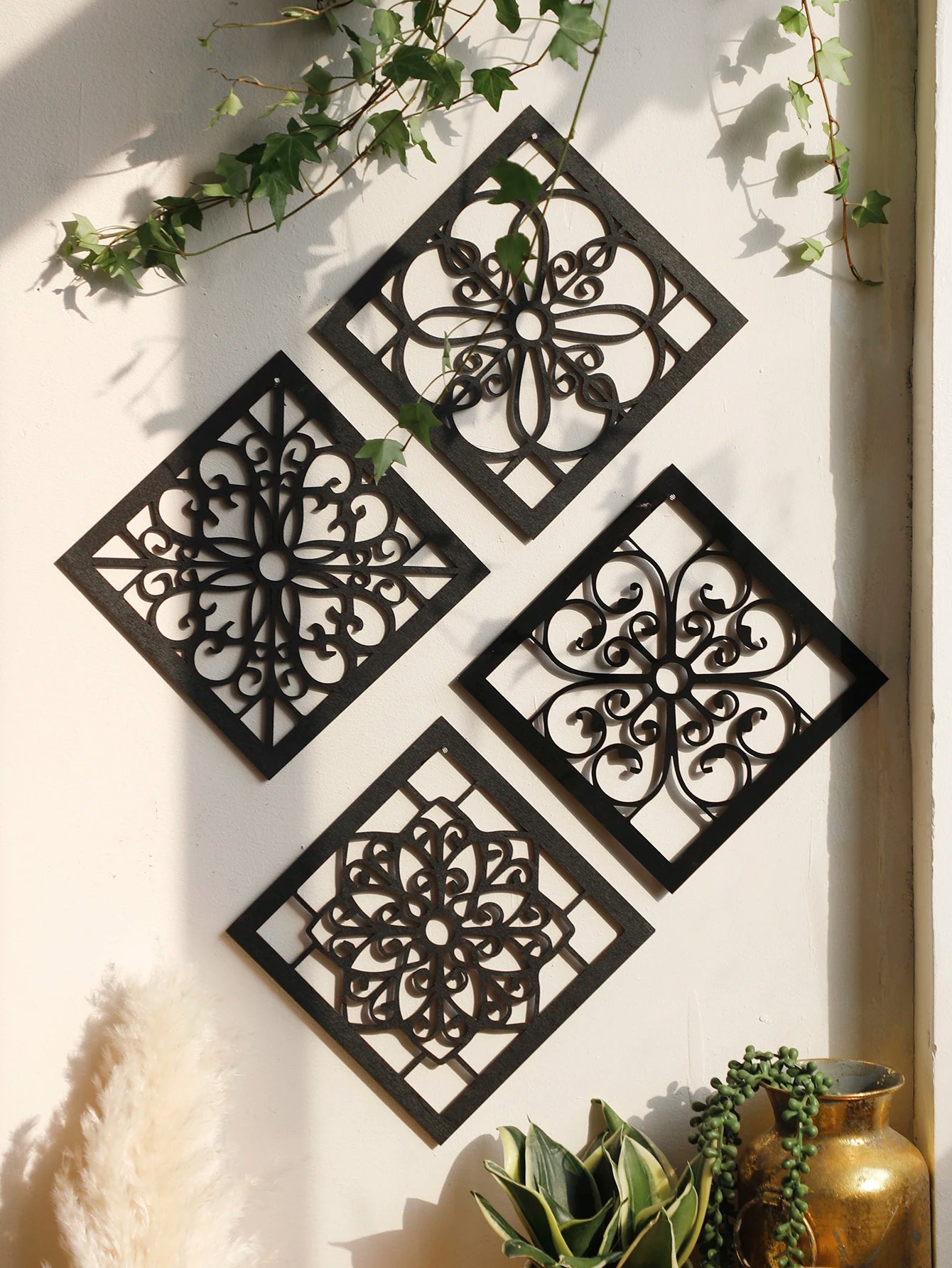 Tejesa 4Pcs Black Wooden Hollow Wall Decor /Boho Home Decoration Hexagon Square Hanging Wall Decor