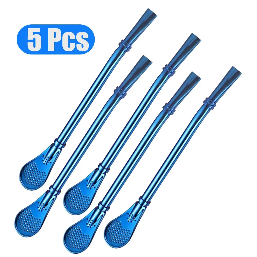 1-10Pcs 304 Stainless Steel Drinking Straw Spoon Tea Filter Reusable Bombilla Gourd Cocktail Straw Spoon Coffee Bar Accessory