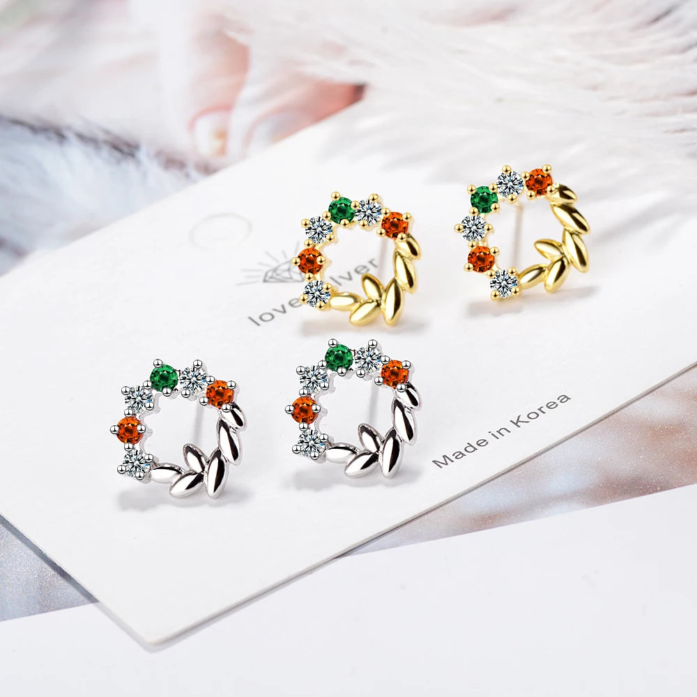 Real 925 Sterling Silver Zircon Round Crystal Leaves Stud Earrings Gold Color Fine Jewelry For Women Accessories