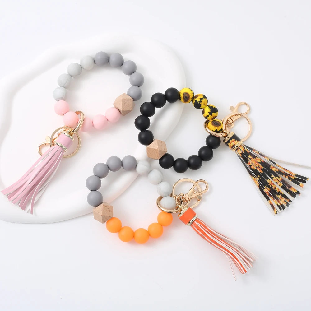 Fashion Anti-Lost Car Bag Key Chains Jewelry Gift Colorful Silicone Beaded Bracelet Keyring Women Girls Tassel Pendant Keychain