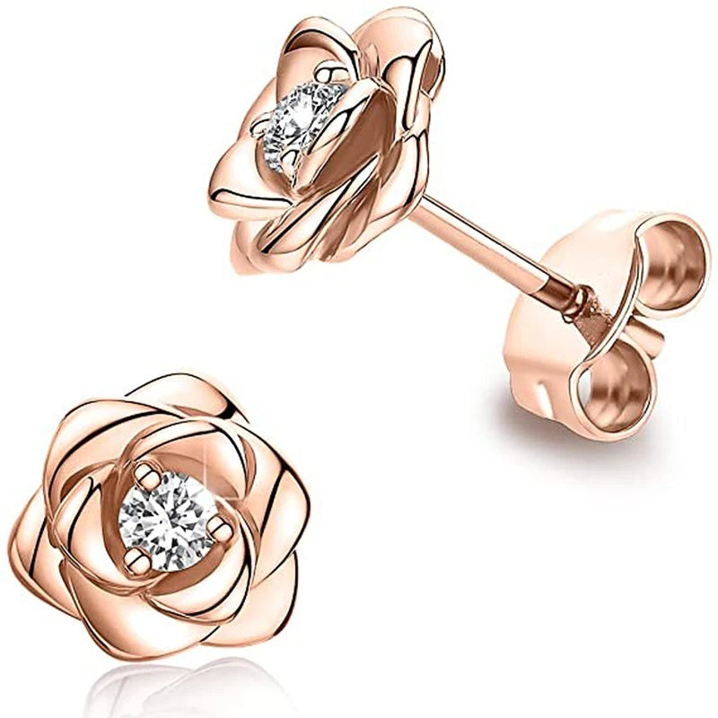 Huitan Eternity Flower Stud Earrings with CZ Romantic Rose Ear Accessories for Women Daily Wear Elegant Earrings Classic Jewelry
