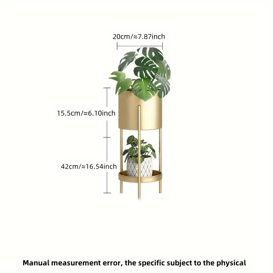 Modern Golden Double-Layer Flower Stand, Nordic Style Iron Plant Holder for Indoor & Balcony Decor, Round Metal Shelf for Small