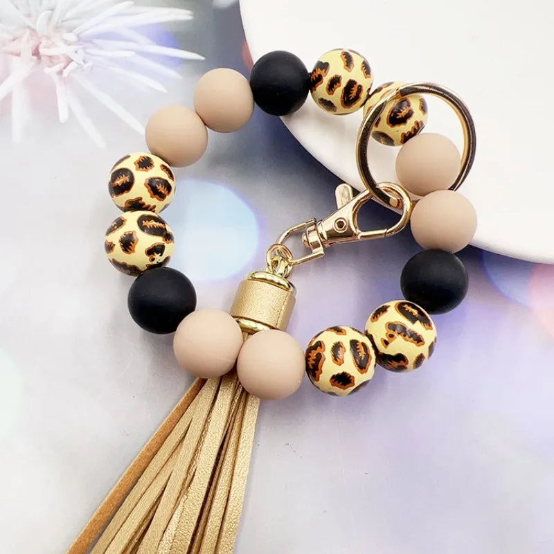 Leopard Print Acrylic Bead Bracelet, with PU Leather Tassels AndKeychain Bag Pendant, Women's Car Wrist Keyring