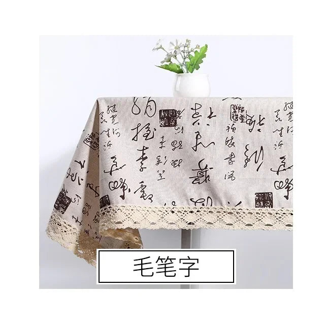 Tablecloth, Washable Cotton Linen Fabric Tassel Table Cloth Dust-Proof Embroidery Table Cover for Kitchen Dinning Farmhouse