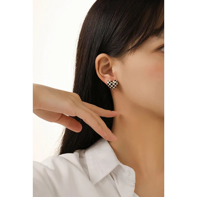 Checkerboard Heart Earrings, Black & White Pattern, Gold-Plated, Heart Shape