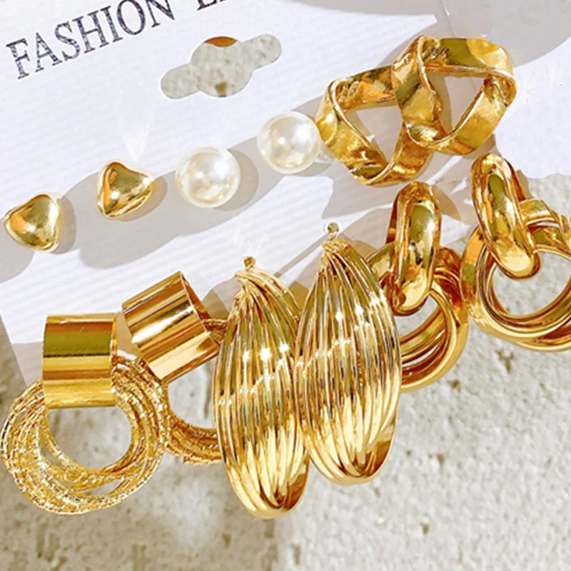 Hemasa Pearl Twist Earring Set Metal Gold Plated Dangle Earrings for Women Bohemian Geometric Hoop Earrings Trendy Jewelry