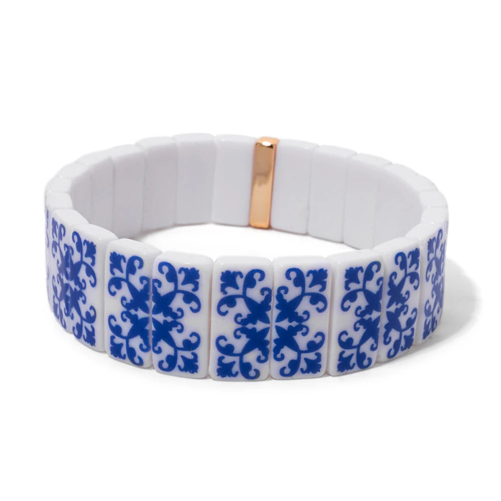 8x16mm Plastc Chinese Blue and White Porcelain Texture Beaded Bracelets For Women Handmade Spring Hand Accessory